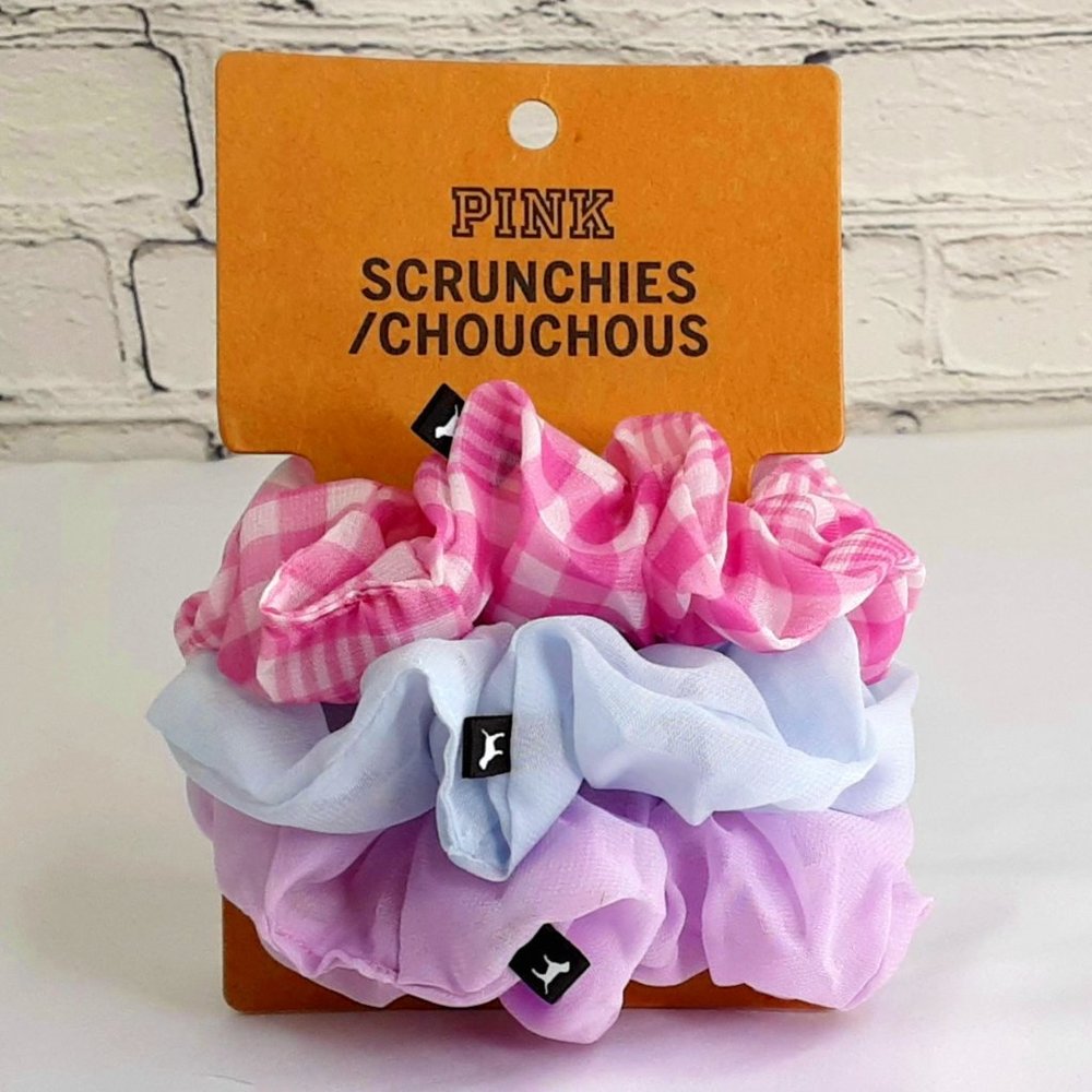 VICTORIA'S SECRET 'PINK' 3~PIECE SHEER LOGO HAIR SCRUNCHIES SET GINGHAM,SOLID